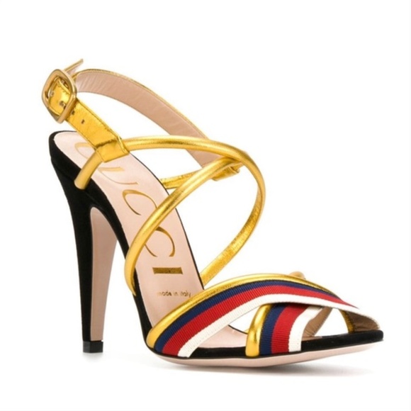Gucci Shoes - Gucci Sylvie Web Metallic Sandals 38 Suede Leather